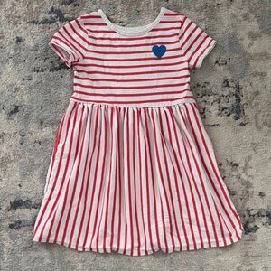 Girls Cat & Jack Red and White Striped Dress with Blue Heart size 5T